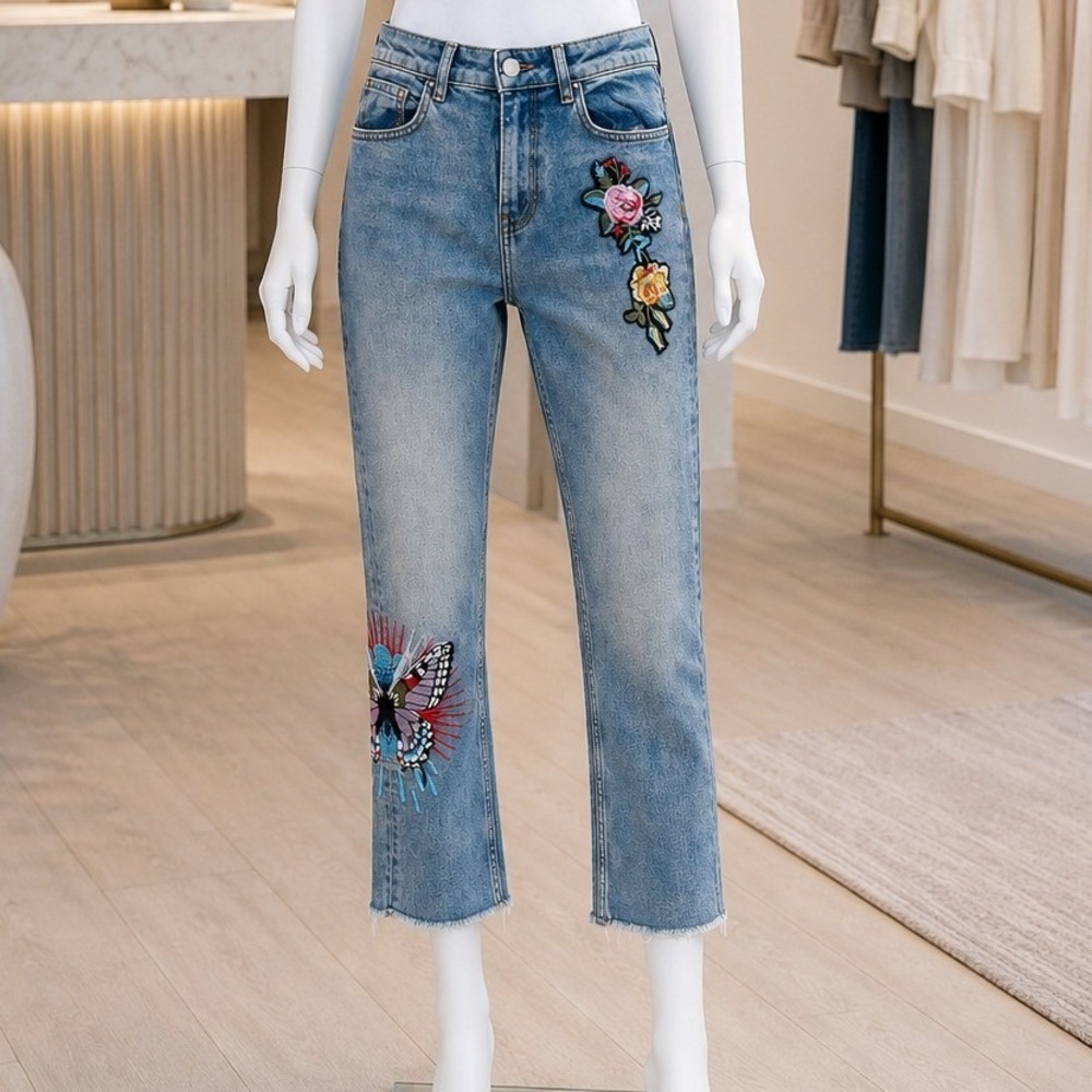 Maje Women Embroidered Jeans Light Wash Butterfly Floral Raw Hem 36